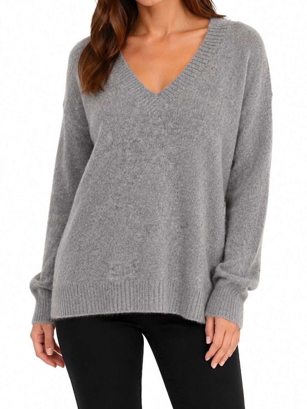 Le Chateau Women’s Oversize Grey Angora Blend V-Neck Fuzzy Sweater Y2K - XS